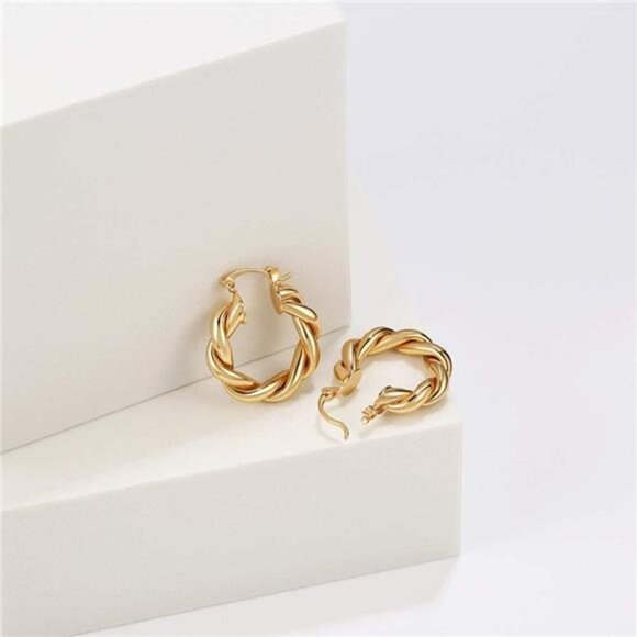 Twisited Gold Chunky Hoop Earrings For Women 14K Gold Plated High Polished - Picture 12 of 14
